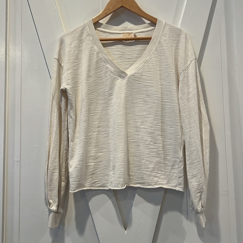 Nation LTD White Slub Cotton V-Neck Long Sleeve Shirt Size XS Extra Small